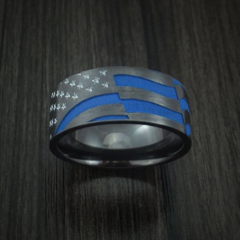 Black zirconium and cerakote american thin blue line flag custom made united states police ring image 2