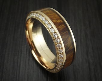 14K Gold Men's Ring With Wood Inlay And Eternity Set Diamonds Custom Made Band