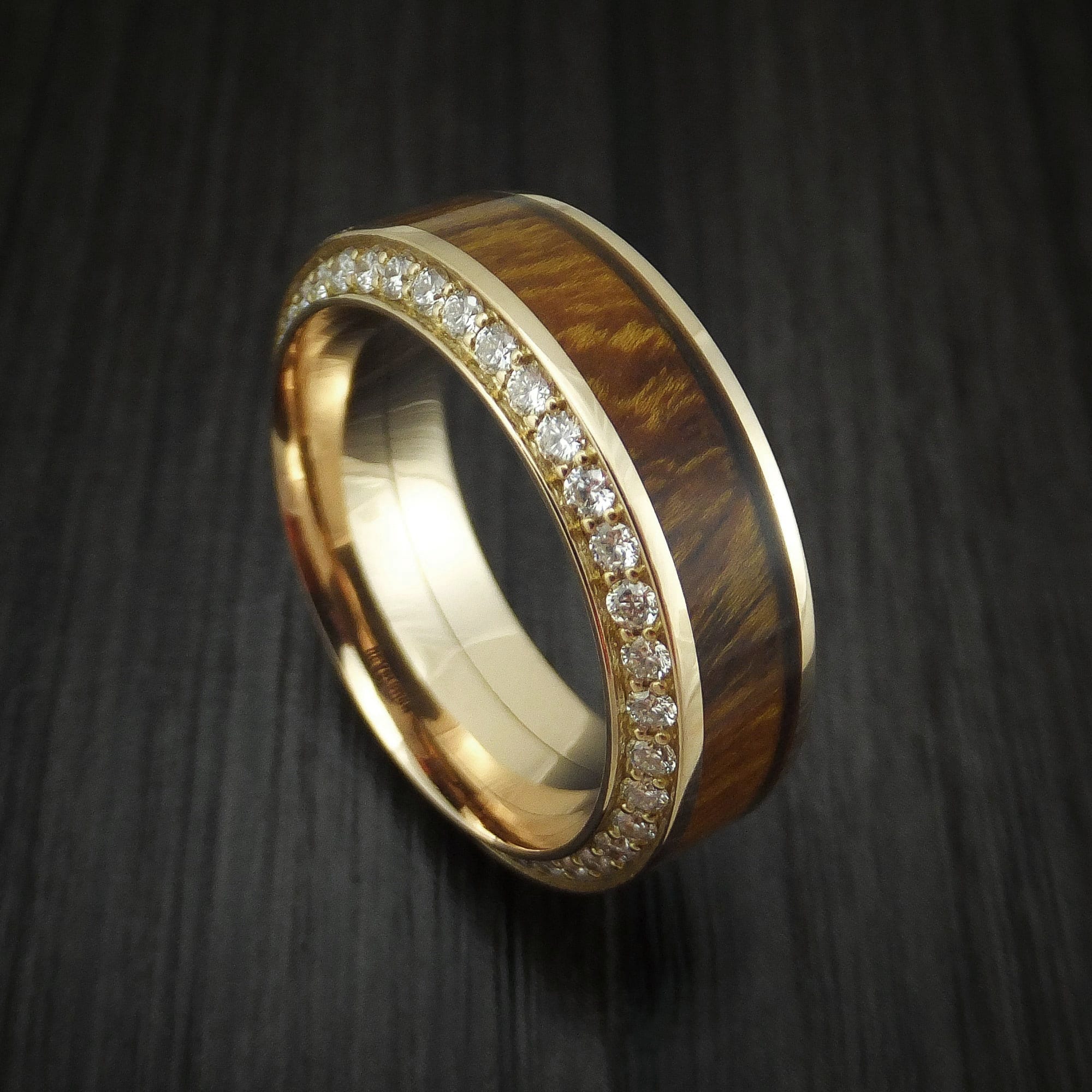 14K Gold Men's Ring With Wood Inlay and Eternity Set Diamonds Custom ...