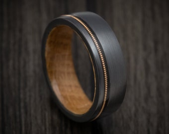 Black Zirconium Guitar String Ring With Whiskey Barrel Hardwood Sleeve Custom Made Band