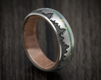 Titanium and Opal Ring with Tree Design and Wood Sleeve Custom Made Band