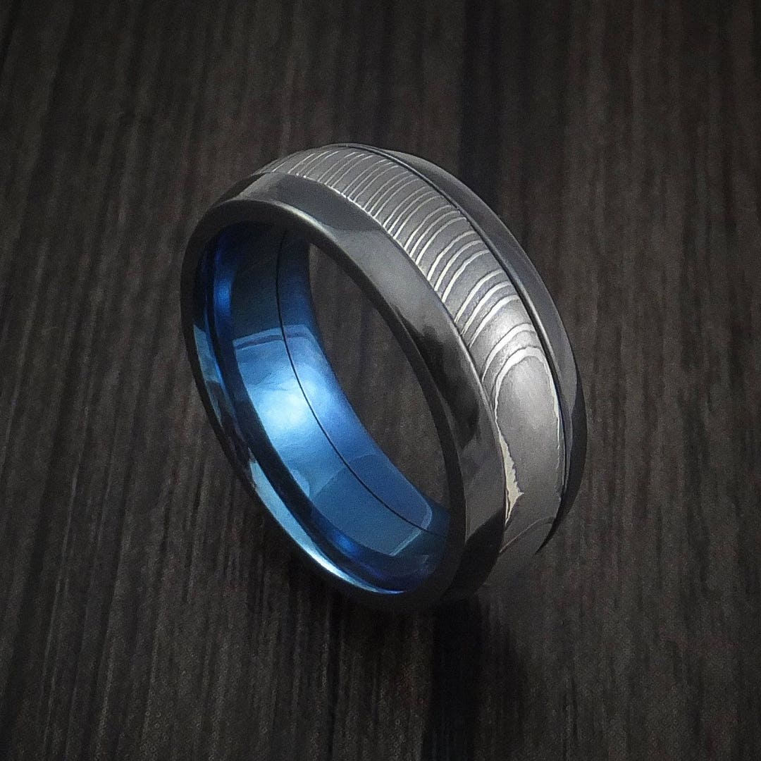 Black Zirconium and Damascus Steel Band With Anodized Interior - Etsy