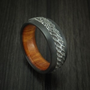Black Zirconium and Damascus Steel Ring With Tree Bark Carved - Etsy