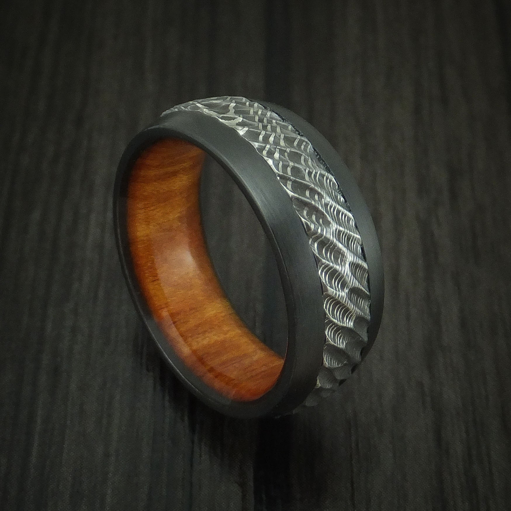 Black Zirconium and Damascus Steel Ring With Tree Bark Carved | Etsy