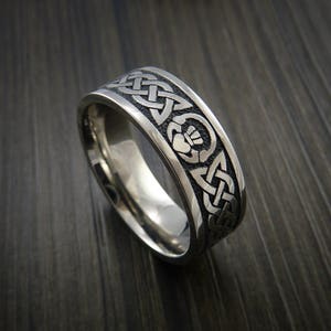 Titanium celtic irish claddagh ring carved hands clasping heart band