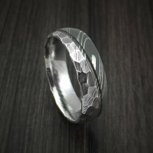 Damascus steel ring with hammer rock finish two tone custom band