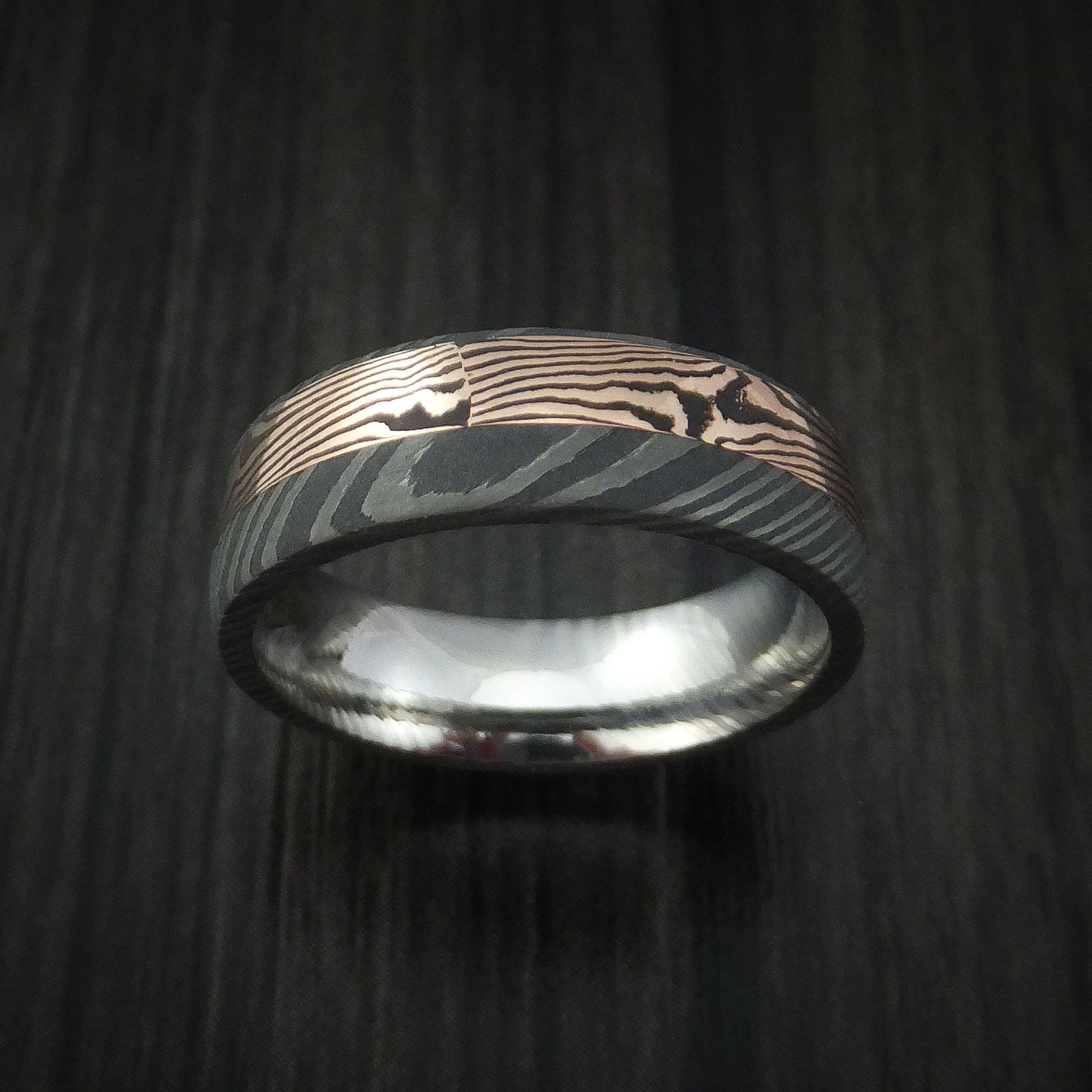 Damascus and 14k Rose Mokume Gane Gold Ring Wide Custom Made | Etsy