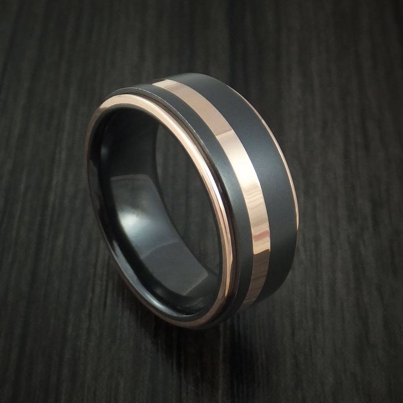 Black zirconium ring with 14k rose gold edges and inlay custom m