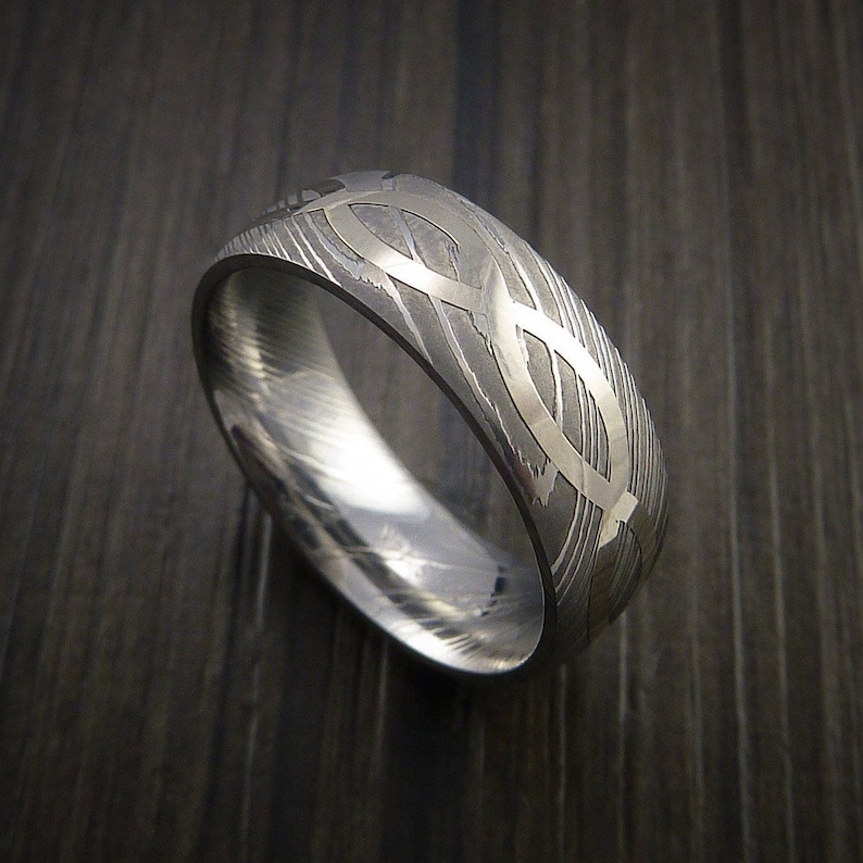 Damascus steel 14k white gold celtic knot ring infinity design w Damascus steel 14k white gold celtic knot ring infinity design w