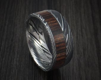 Kuro damascus steel ring with ziricote hardwood inlay custom made band