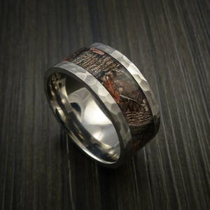 Hammered Titanium Ring with King&#39;s Woodland Shadow Camo Inlay Custom Made Wedding Band