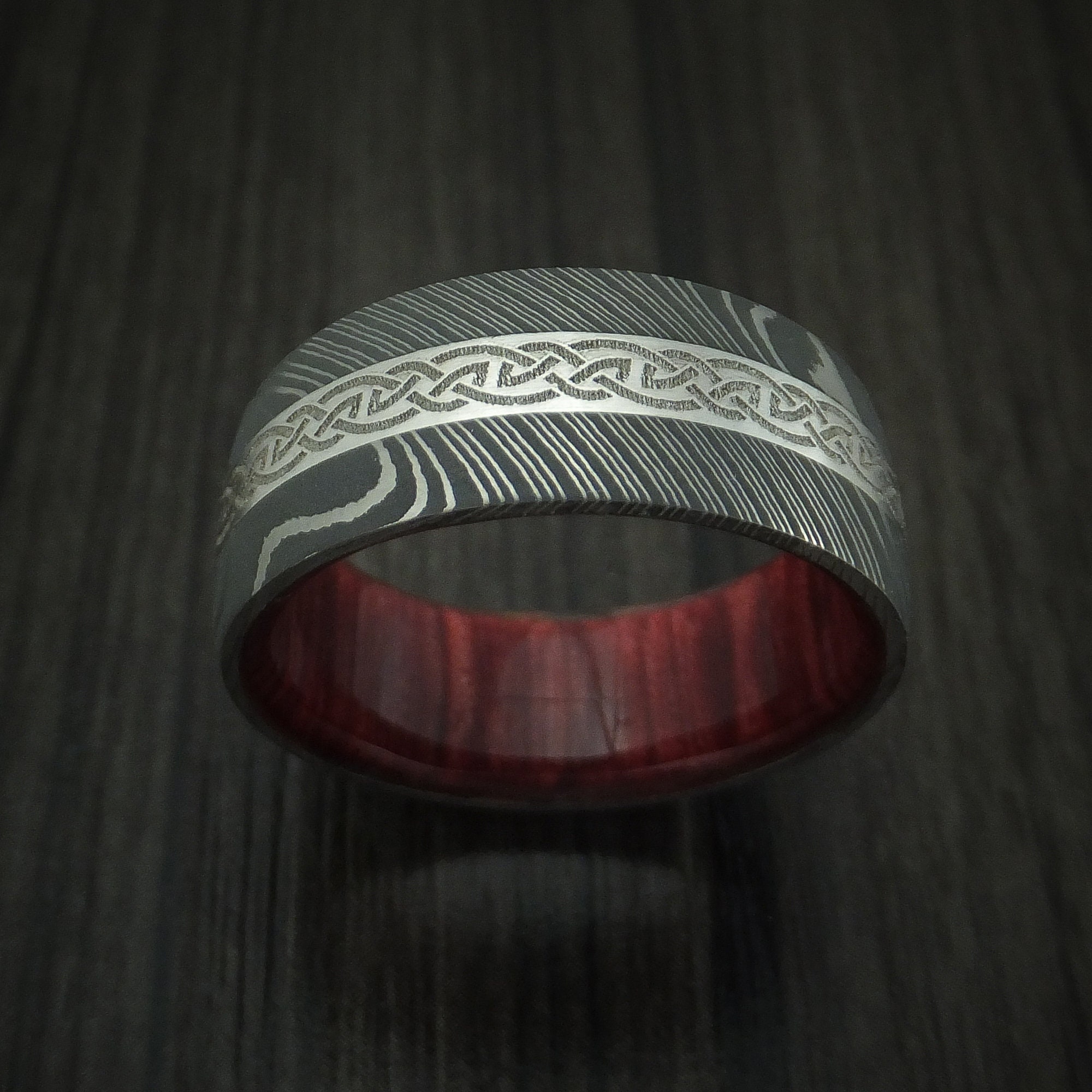 Damascus Steel Celtic Ring With Platinum Inlay And Wood Sleeve | Etsy