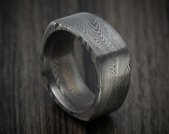 Square Shape Tightweave Damascus Steel Ring Custom Made Band