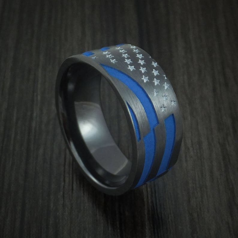 Black zirconium and cerakote american thin blue line flag custom made united states police ring image 1