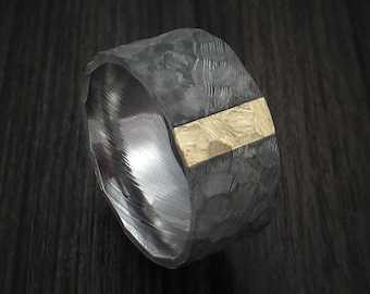 Damascus steel wide ring with hammer finish and vertical 14k yellow gold inlay custom made band