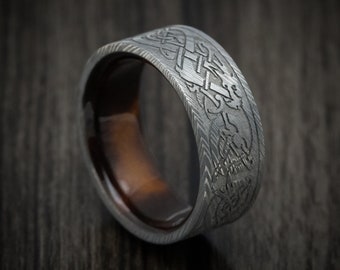 Damascus Steel Celtic Dragon Men's Ring with Wood Sleeve