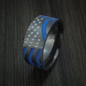 Black zirconium and cerakote american thin blue line flag custom made united states police ring image 4