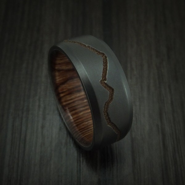 Black zirconium ring with custom mountain milling and ziricote hardwood interior sleeve custom made