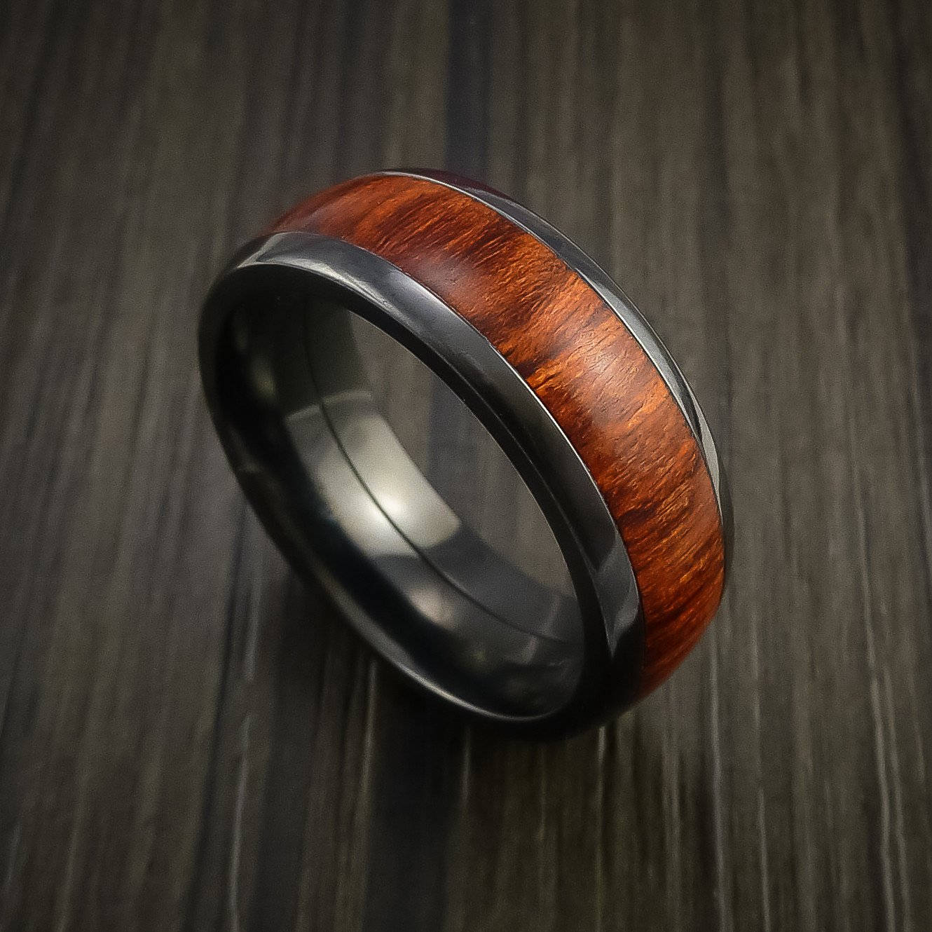 Black Zirconium Ring Wood Inlay Wedding Band Comfort Fit Shatteproof LWR 
