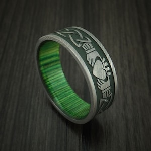 Damascus Steel Celtic Irish Claddagh Ring with Jade Wood Sleeve Custom Made