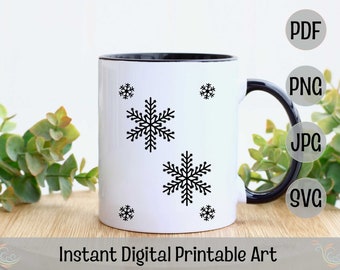 Copos de nieve Copo de nieve delicado Arte imprimible de invierno Decoración navideña simple Nieve blanca y negra Arte de pared de copos de nieve navideños imprimibles