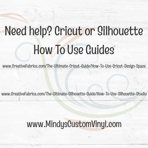 Może przedstawiać: Białe tło z tekstem: &bdquo;Need help? Cricut or Silhouette How To Use Guides.&rdquo; Zawiera adresy stron internetowych Creative Fabrica i MindysCustomVinyl. Ozdobne wiry w kolorze zielonym, niebieskim i pomarańczowym.