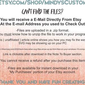 May include: A digital download information graphic with the Etsy shop URL and the text "CAN'T FIND THE FILES?". It provides instructions on file access, format, and refund policy, set against a peach and teal background.