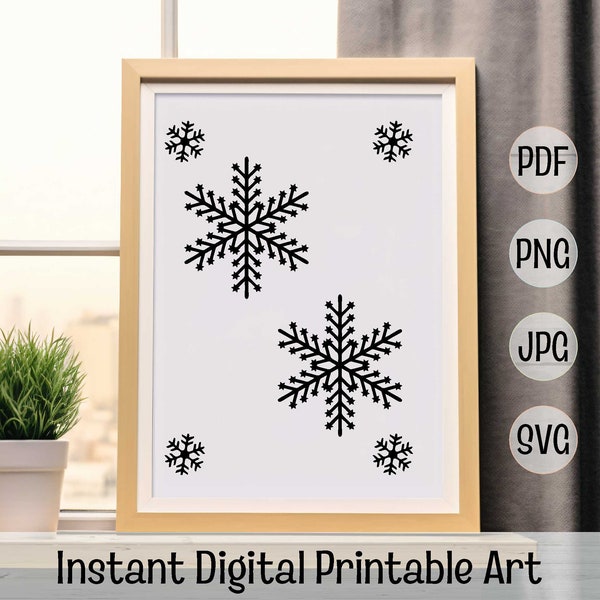 Black and White Winter Snowflakes Printable Card Wall Art Digital Element Cricut SVG Winter Christmas Craft Minimalist Winter Printable