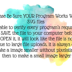 Może przedstawiać: Białe tło z akwarelowymi plamami w kolorze niebieskim, turkusowym i ż&oacute;łtym. Tekst czcionką: "Please Be Sure YOUR Program Works With SVG files...You MUST SAVE the file to your computer before using it."