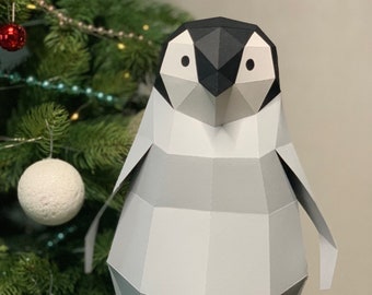 Emperor penguin baby - Make your own Low poly Paper sculpture, Papercraft bird, Digital download, PDF template