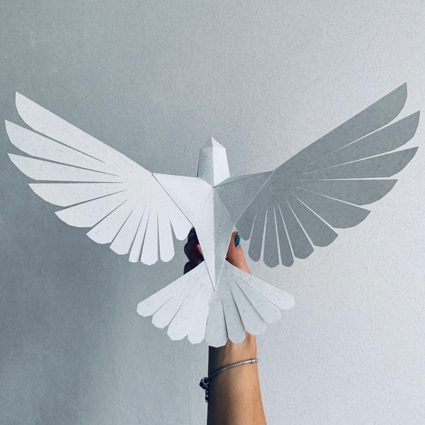 Dove - Make your own Low poly bird on fly, Geometric bird, Paper sculpture, Papercraft bird, 3D Dove