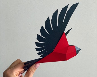 Bullfinch - Make your own Low poly bird on fly, Geometric bird, Paper sculpture, Papercraft bird, PDF template