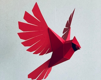 Northern cardinal - Make your own Low poly bird on fly, Geometric bird, Paper sculpture, Papercraft bird, PDF template