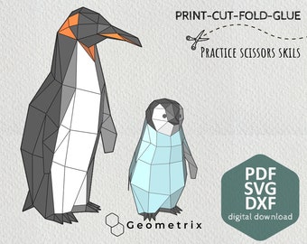 Emperor penguin family- Make your own Low poly Paper sculpture, Papercraft bird, Digital download, PDF template