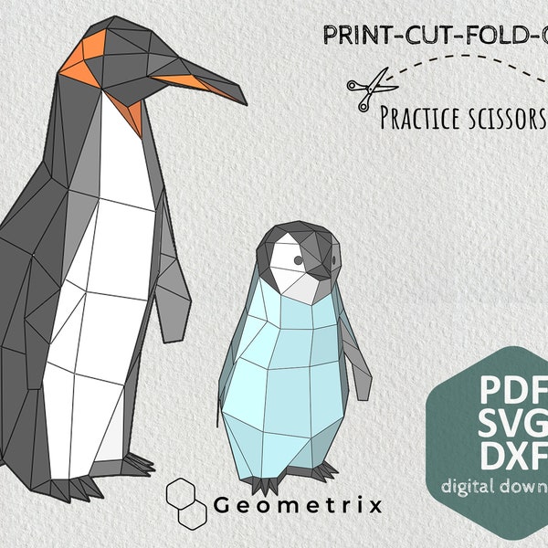 Famille de manchots empereurs - Créez votre propre sculpture en papier Low poly, oiseau Papercraft, téléchargement numérique, modèle PDF