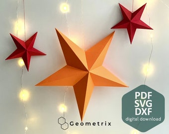 Five-pointed stars set (11cm, 22cm, 33cm) - Make your own papercraft decoration, Christmas Origami, 3D Paper sculpture, PDF template