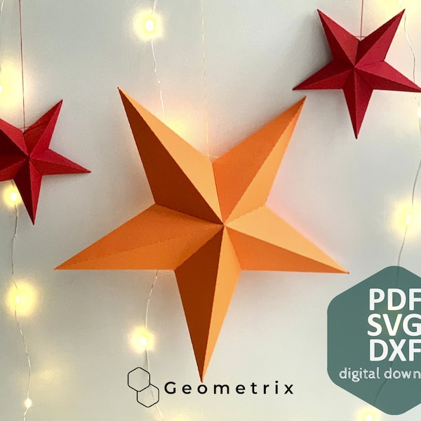 Five-pointed stars set (11cm, 22cm, 33cm) - Make your own papercraft decoration, Christmas Origami, 3D Paper sculpture, PDF template