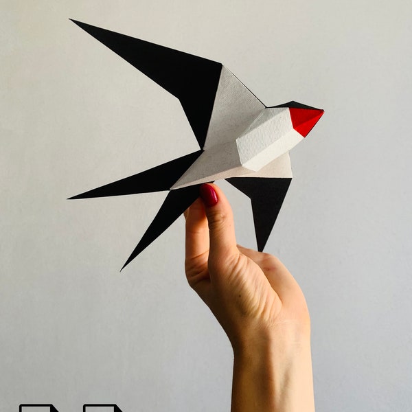 Flying swallow - Make your own Low poly bird on fly, Geometric bird, Paper sculpture, Papercraft bird, 3D Swallow