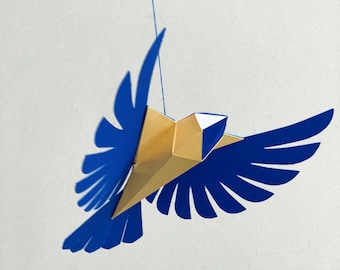 Blue tit - Make your own Low poly bird on fly, Geometric bird, Paper sculpture, Papercraft bird, PDF template