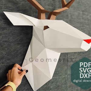 Hirschkopf-Trophäe - Low Poly 3D-Wanddekor, Papiermodell Skulptur, digitaler Download, PDF-Vorlage