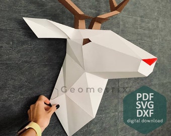 Deer head trophy - Low poly 3d wall decor, Papercraft Sculpture, Digital download, PDF template