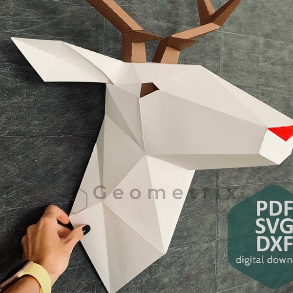 Trophée tête de cerf - Décoration murale 3d Low poly, Sculpture Papercraft, Téléchargement numérique, Modèle PDF