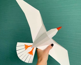 Seagull - Maak je eigen Low poly vogel op vlieg, Geometrische vogel, Papieren sculptuur, Papercraft vogel, PDF-sjabloon