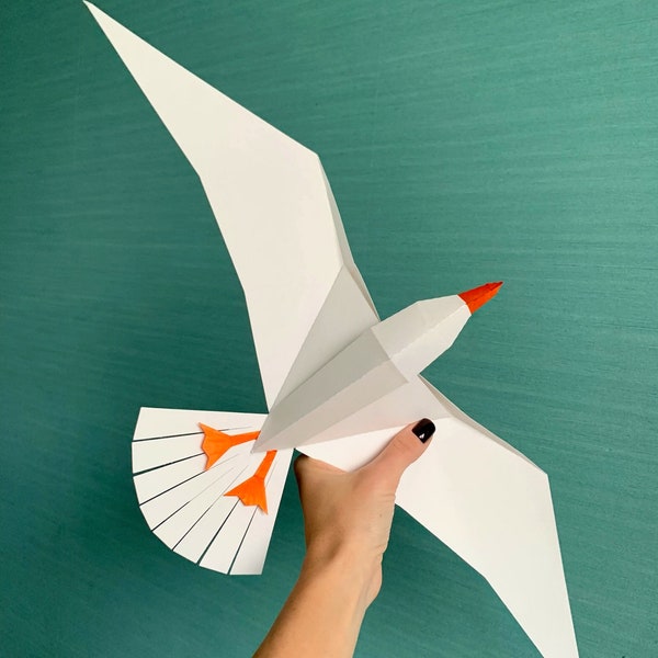 Seagull - Make your own Low poly bird on fly, Geometric bird, Paper sculpture, Papercraft bird, PDF template