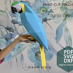 Ara (blu e giallo) - Low poly, scultura di carta, download digitale, modello PDF