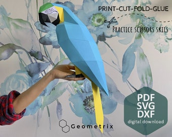 Macaw (blue-and-yellow) - Low poly, Papercraft Sculpture, Digital download, PDF template