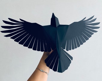 Crow - Make your own Low poly bird on fly, Geometric bird, Paper sculpture, Papercraft bird, 3D Raven