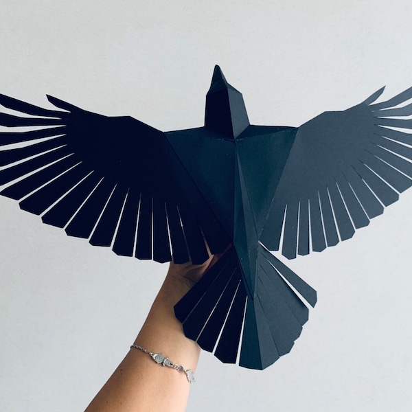 Crow - Make your own Low poly bird on fly, Geometric bird, Paper sculpture, Papercraft bird, 3D Raven