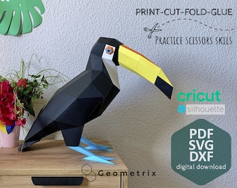 Toucan — Low Poly Papercraft Sculpture, DIY Tropical Paper Bird for Bookshelf & Desk Decor, Digital Download PDF SVG Template