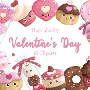 Cute Valentine Cliparts • Autocollants de nourriture sucrée • Valentine présent PNG • Pâtisserie cliparts • Ensemble de 12 Cliparts